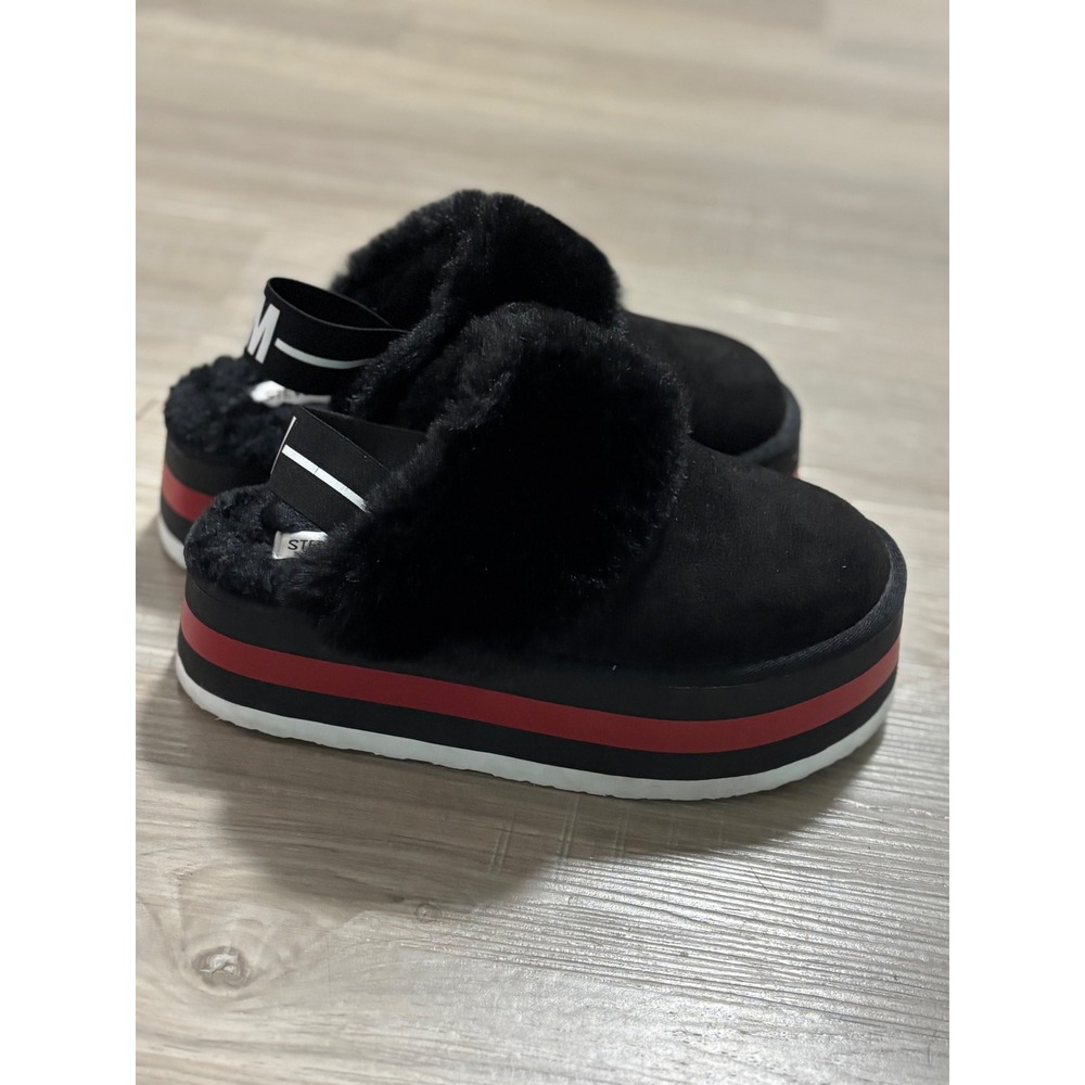 Steve Madden Aliana Black Faux Fur Platform Slippers‎ Slides Womens Size 6